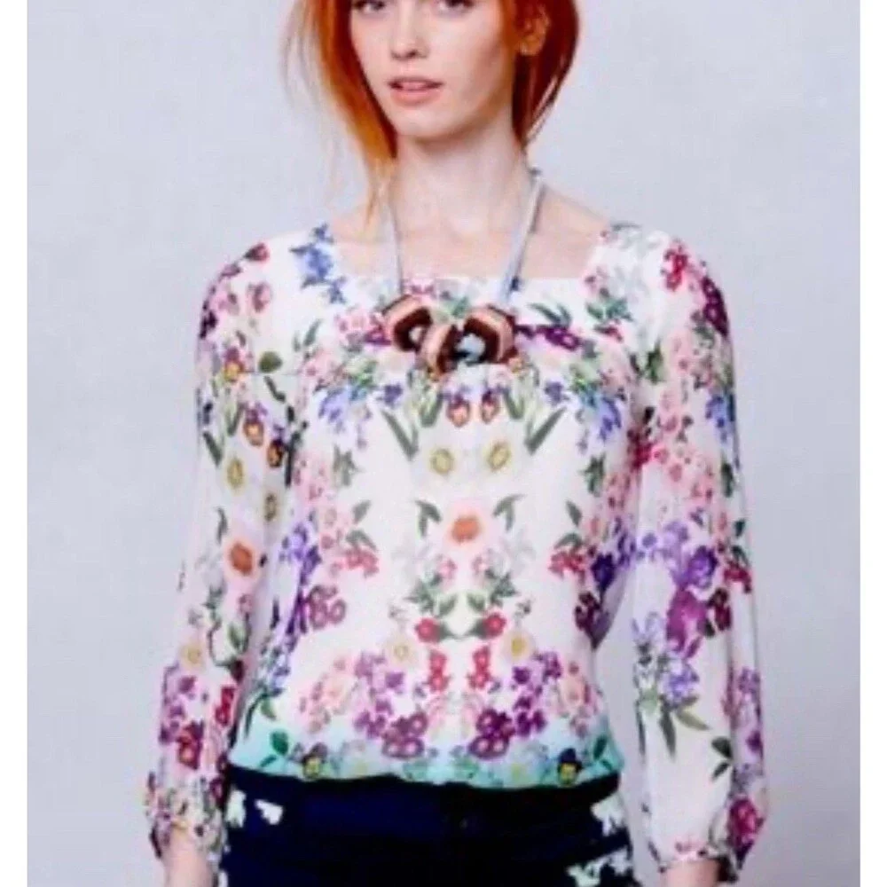 Vanessa Virginia Anthropologie Top Sz M Medium 8 Green Silk Blouse Floral Ombre